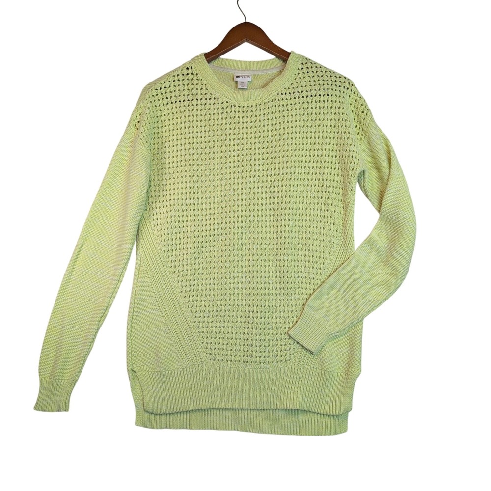 Stylus Neon Yellow Open Knit Pointelle Sweater Womens Medium Tall 80s Style